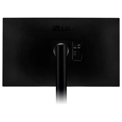 Rückansicht eines LG-Monitors mit seinen Anschlüssen: zwei HDMI-Ports, ein DisplayPort und zwei USB-Ports auf der rechten Seite des Ständers.