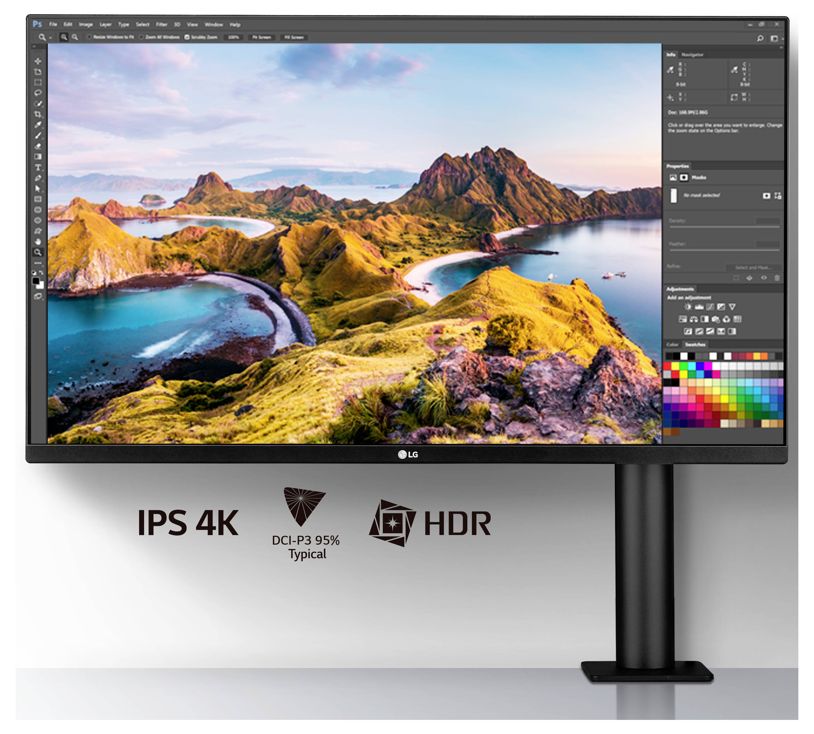 Ein breiter Monitor, der eine leuchtende Landschaftsaufnahme zeigt, die mit Softwaretools bearbeitet wurde, mit "IPS 4K"- und "HDR"-Logos darunter, was auf hochwertige visuelle Darstellung hindeutet.