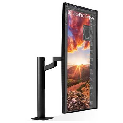 Ein Computermonitor mit verstellbarem Ständer, der lebendige Landschaftsaufnahmen präsentiert. Der Bildschirm zeigt die Benutzeroberfläche einer Bearbeitungssoftware.