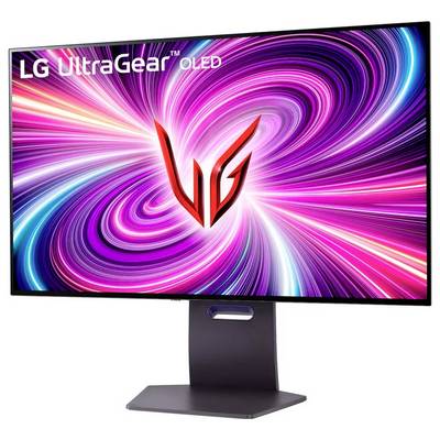 Ein Monitor, der ein leuchtendes, farbenfrohe Wirbelmustern zeigt, mit dem Logo "LG UltraGear OLED" in der oberen linken Ecke und einem großen, roten stilisierten "V" in der Mitte.