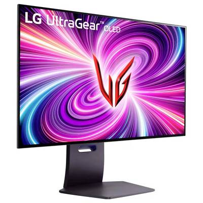 LG UltraGear OLED-Monitor, der eine dynamische Spirale aus rosa und violetten Lichtmustern zeigt, mit dem LG-Logo in der Mitte.