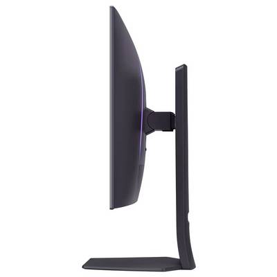 Seitenansicht eines modernen, schlanken Computermonitors auf einem Ständer, der sein dünnes Profil und seine verstellbare Halterung zeigt.