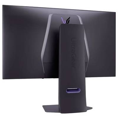 Ein schlanker Monitor von hinten betrachtet, mit matter Oberfläche und 'UltraGear' Branding am Ständer, was auf eine Gaming-Ausrichtung hindeutet.