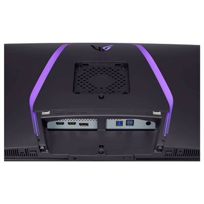 Rückseite eines Monitors mit Anschlüssen: zwei HDMI-Ports, ein DisplayPort, ein USB-Upstream und zwei USB-Downstream-Anschlüsse. Violette LED-Akzente sind sichtbar.