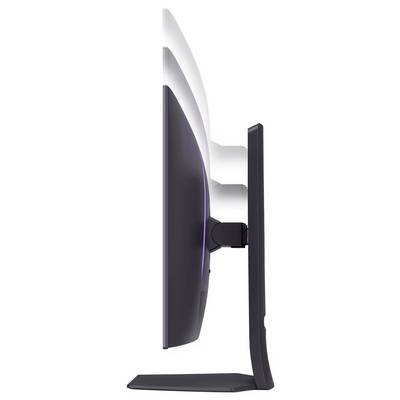 Seitenansicht eines gebogenen Computermonitors auf einem Ständer, der sein schlankes Design und seine verstellbare Neigungsfunktion präsentiert.