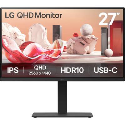 LG 27-Zoll QHD-Monitor mit Eigenschaften: IPS, QHD-Auflösung 2560x1440, HDR10, USB-C. Hintergrund zeigt abstrakte Formen und Farben.