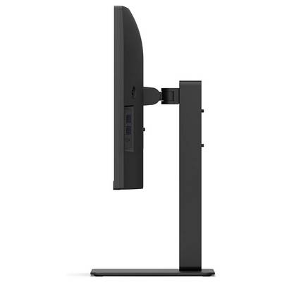 Seitenansicht eines schmalen, schwarzen Monitors auf einem Ständer, der USB-Anschlüsse und eine Gelenk zur Winkeleinstellung zeigt.