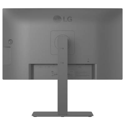 Rückansicht eines LG-Computermonitors auf einem Ständer. Das Design ist minimalistisch und zeigt den verstellbaren Ständer sowie die Anschlussposition.