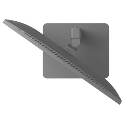 Ein Flachbildschirm-Monitor, von oben in einem schrägen Winkel betrachtet, der seinen Ständer und das Rückpanel zeigt.