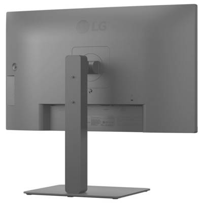 Rückansicht eines grauen LG-Computermonitors, die den Ständer, die Halterung und die Anschlüsse zeigt.