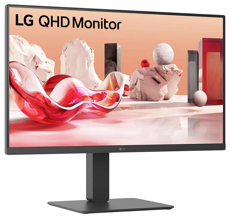 LG QHD-Monitor, der eine 3D-abstrakte Landschaft in Rot und Weiß mit geometrischen Formen vor einem hellorange Hintergrund zeigt.