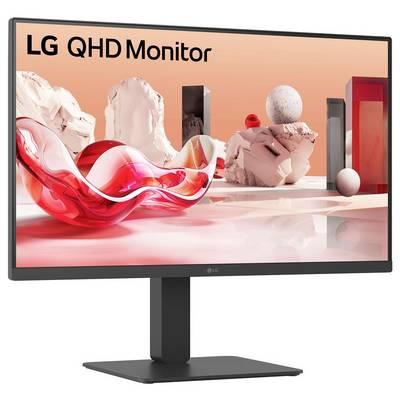 Ein Computermonitor, der abstrakte Formen zeigt, mit dem Text "LG QHD Monitor" in der oberen linken Ecke vor einem Hintergrund in Pfirsich- und Rotfarben.