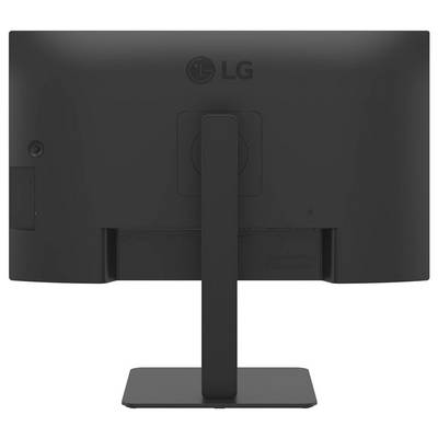 Ein schwarzer LG-Computer-Monitor wird von hinten gezeigt, mit einem rechteckigen Ständer und einem sichtbaren Markenlogo in der oberen Mitte.