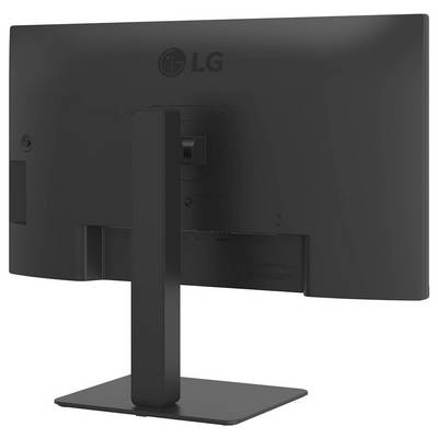 Rückansicht eines schwarzen LG-Computermonitors auf einem rechteckigen Ständer, der das Firmenlogo und den höhenverstellbaren Mechanismus zeigt.