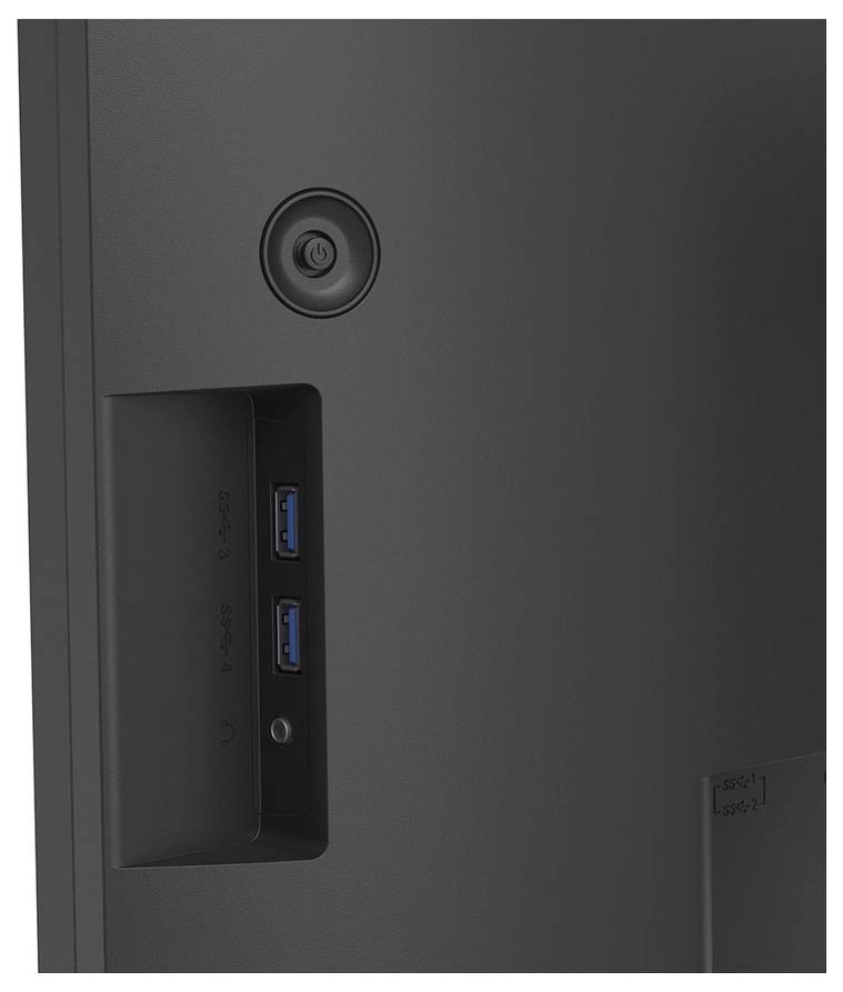 Nahaufnahme einer Seitenblende eines Fernsehers oder Monitors mit zwei USB-3.0-Anschlüssen, einer runden Taste darüber und einem vertikalen seitlichen Anschlussbereich.