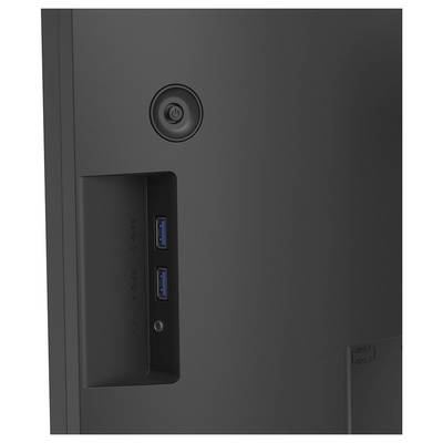 Eine Nahaufnahme der Seite eines Monitors, die zwei USB-Anschlüsse und einen Powerknopf zeigt. Die Oberfläche ist matt schwarz mit minimaler Markierung.