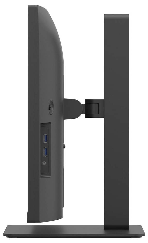 Eine Seitenansicht eines schwarzen Computermonitors auf einem Ständer, die die Krümmung des Bildschirms und die USB-Anschlüsse an der Seite zeigt.