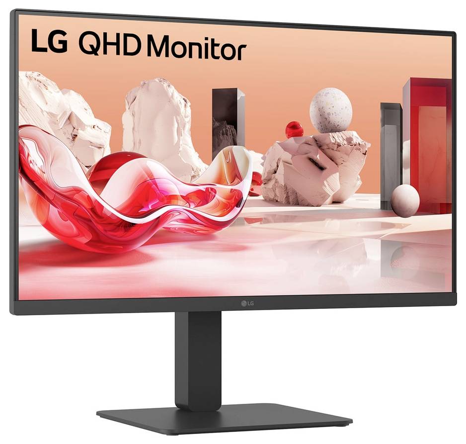 Ein Monitor, der eine digitale Kunstszene mit abstrakten Formen und Kugeln auf einer reflektierenden Oberfläche zeigt, mit dem Text 'LG QHD Monitor' am oberen Rand.