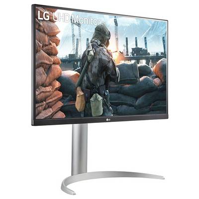 Ein Monitor, der ein Videospiel mit einer Soldatenfigur zeigt, umgeben von Sandsäcken und einem Baustellen-Hintergrund. Text lautet: 'LG UHD Monitor 4K'.