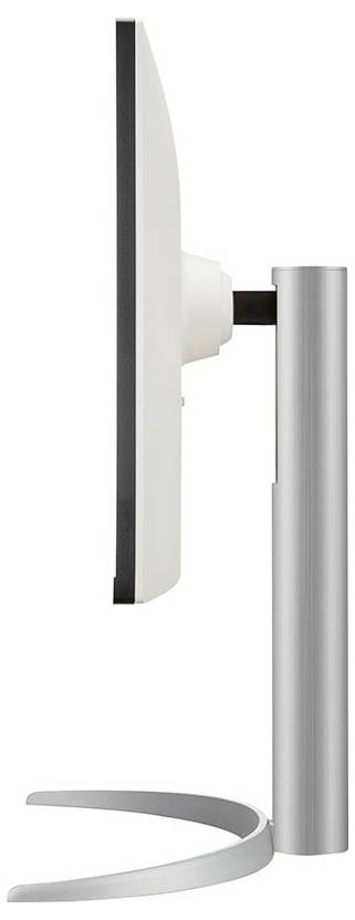 Seitenansicht eines eleganten Computermonitors mit einem dünnen, geschwungenen Ständer, der sein minimalistisches und modernes Design hervorhebt.