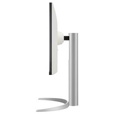 Seitenansicht eines eleganten Computermonitors mit einem dünnen, geschwungenen Ständer, der sein minimalistisches und modernes Design hervorhebt.