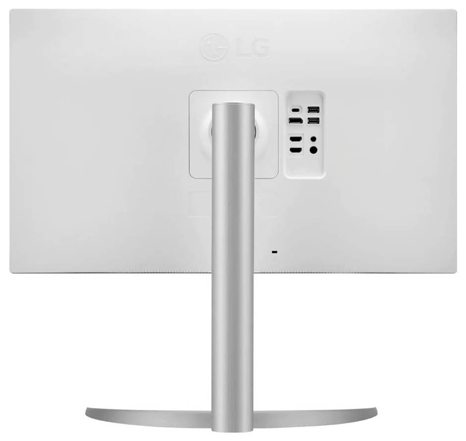 Das Bild zeigt die Rückansicht eines weißen LG-Computermonitors mit einem zentralen Ständer und mehreren sichtbaren Anschlüssen.