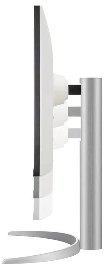 Seitenansicht eines modernen, flachen Computermonitors auf einem geschwungenen Metallfuß. Das Design betont die Dünnheit und den eleganten Stil des Monitors.