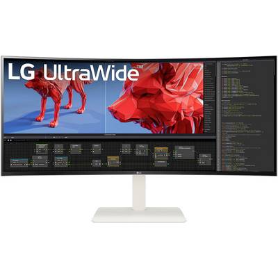 LG UltraWide-Monitor, der ein 3D-Modell eines roten Wolfes auf der einen Seite und Software zur Programmierung auf der anderen Seite zeigt und damit die Multitasking-Fähigkeit demonstriert.