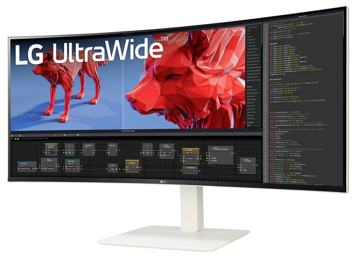 Ultrabreiter Monitor mit geteiltem Bildschirm: links zeigt digitale Kunst eines roten Wolfs, rechts präsentiert Code.
