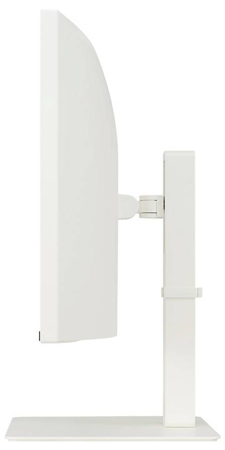 Seitenansicht eines weißen Computermonitors, der sein elegantes, schlankes Design mit einem verstellbaren Ständer für Höhen- und Neigungsanpassungen zeigt.