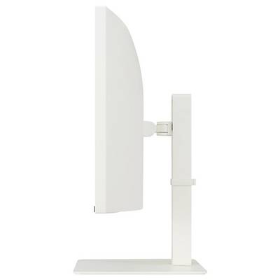 Seitenansicht eines weißen Computermonitors, der sein elegantes, schlankes Design mit einem verstellbaren Ständer für Höhen- und Neigungsanpassungen zeigt.