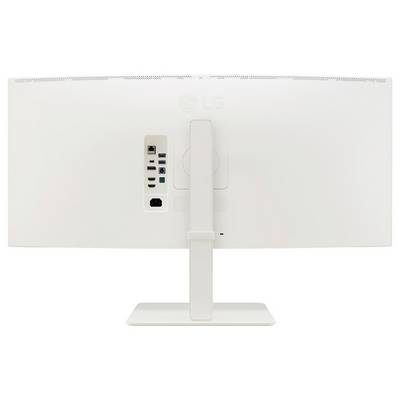 Eine weiße LG-Monitorrückseite, die verschiedene Anschlüsse wie HDMI, USB und Stromeingang auf einem Ständer zeigt.