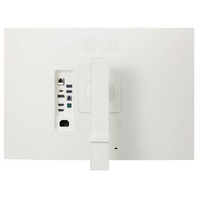 Die Rückseite eines LG-Monitors mit verschiedenen Anschlüssen wie HDMI, USB und Stromversorgung, mit einem in der Mitte nach unten ragenden Ständer.