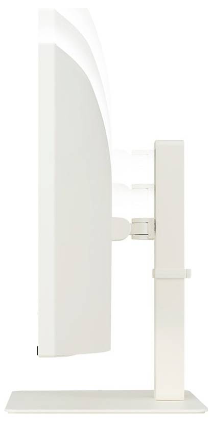 Seitenansicht eines weißen Computermonitors auf einem verstellbaren Ständer, der seine dünne Profillinie und sein elegantes Design zeigt.