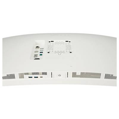 Rückansicht eines weißen Monitors, der verschiedene Anschlüsse wie HDMI, USB und Ethernet sowie Belüftungsschlitze am unteren Rand zeigt.