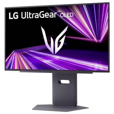 LG UltraGear OLED-Gaming-Monitor, der auf dem Bildschirm leuchtende Neon-Grafiken zeigt, mit einem stabilen Ständer, der ihn stützt.