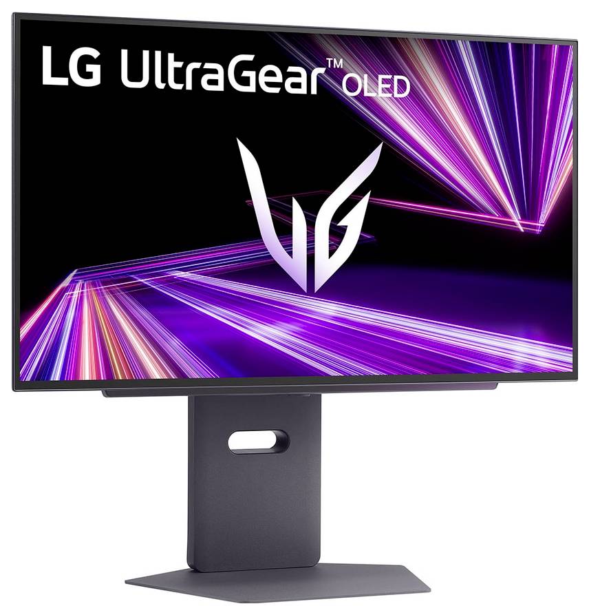 LG UltraGear OLED-Monitor, der dynamische Streifen von Rosa, Blau und Lila vor einem dunklen Hintergrund zeigt, mit einem eleganten Ständer.