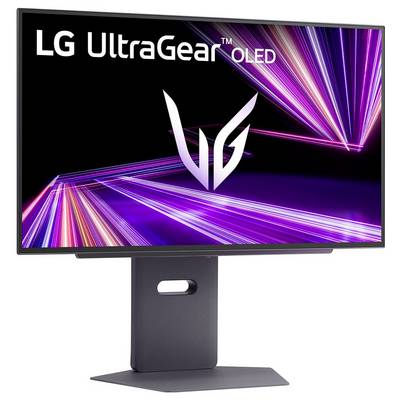 LG UltraGear OLED-Monitor, der dynamische Streifen von Rosa, Blau und Lila vor einem dunklen Hintergrund zeigt, mit einem eleganten Ständer.