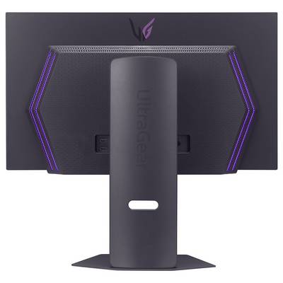 Das Bild zeigt die Rückansicht eines Computermonitors mit hexagonaler Gestaltung, LED-Lichtakzenten und einem Ständer mit der Aufschrift "UltraGear".