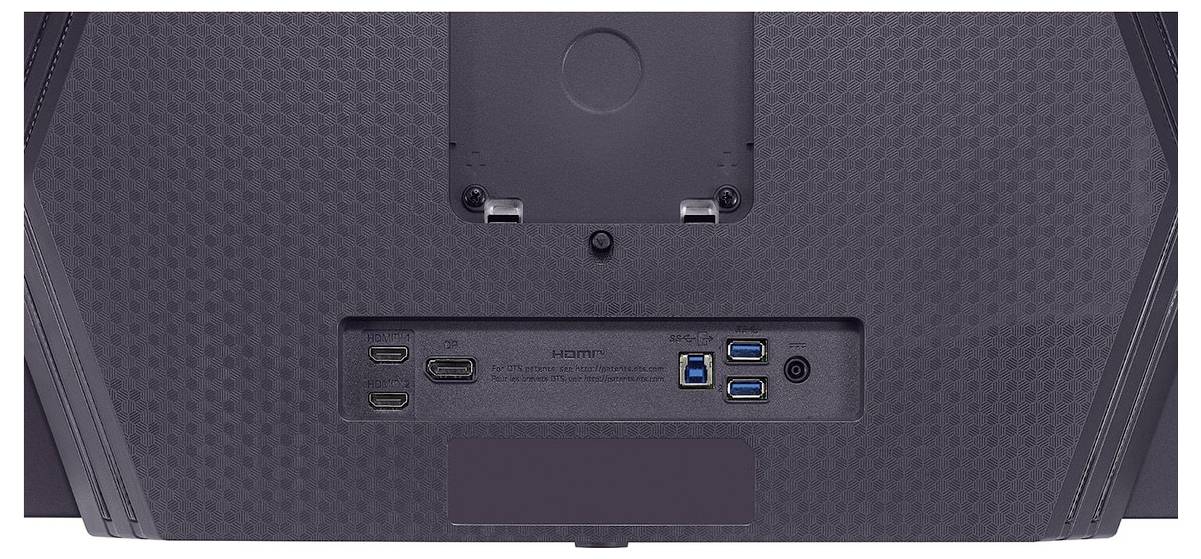 Rückansicht eines Monitors mit drei HDMI-Anschlüssen und drei USB-Ports, der für den Anschluss mehrerer Geräte konzipiert ist.