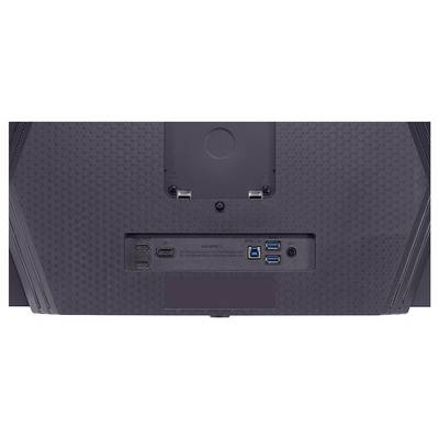Rückansicht eines Monitors mit drei HDMI-Anschlüssen und drei USB-Ports, der für den Anschluss mehrerer Geräte konzipiert ist.