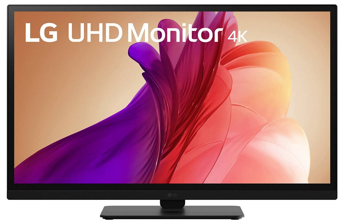 "LG UHD Monitor 4K" wird auf einem Bildschirm angezeigt, vor einem Hintergrund mit lebendigen abstrakten Farben.
