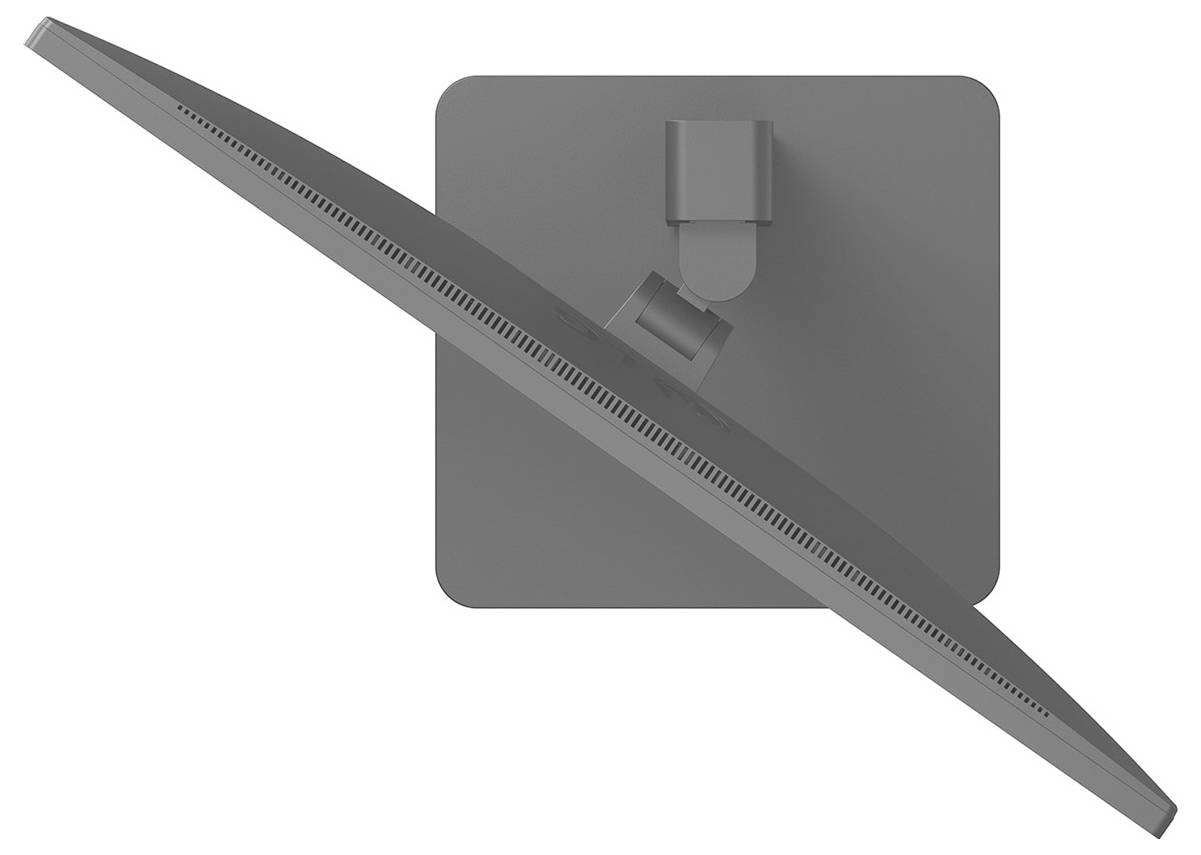 Draufsicht eines geschwungenen Computermonitors mit einem rechteckigen Fuß, der sein schlankes Design und die Standbefestigung zeigt.