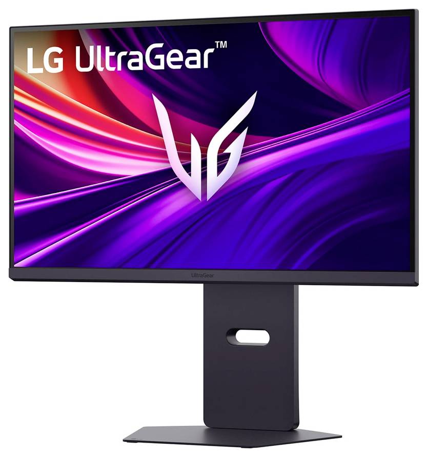 Ein schlanker LG UltraGear Monitor mit einer lebendigen Anzeige von lila und rosa wirbelnden Designs, wobei das LG-Logo prominent oben platziert ist.