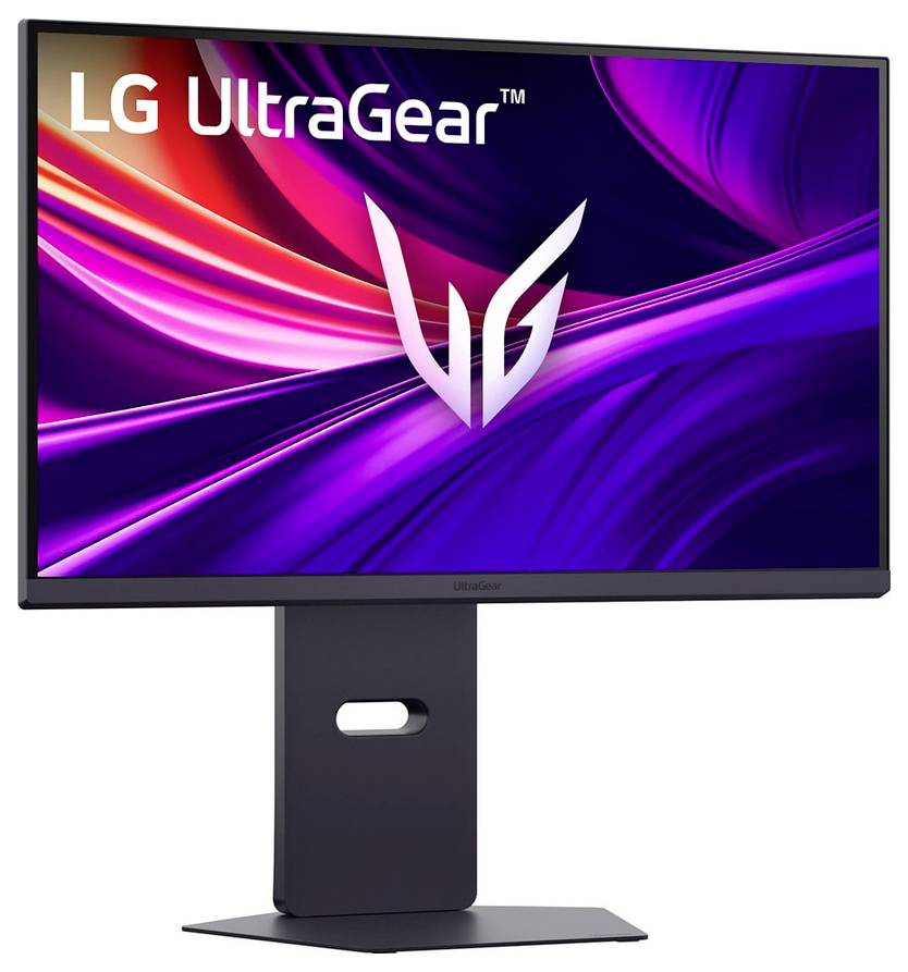 Ein schlanker Gaming-Monitor mit einer lebendigen Anzeige, auf dem das Logo "LG UltraGear" prominent auf dem Bildschirm zu sehen ist.