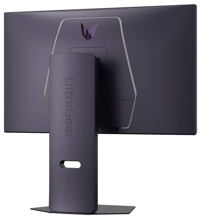 Ein schwarzer Monitor mit dem 'UltraGear'-Logo auf der Rückseite und einem vertikalen Ständer. Der Bildschirm ist abgewendet, wodurch das Rückendesign zu sehen ist.
