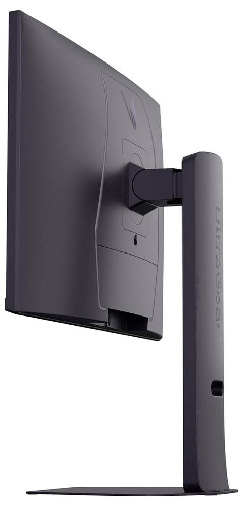 Eine Seitenansicht eines schlanken, dünnen Computermonitors mit einem verstellbaren Ständer, auf dem das 'UltraGear'-Logo vertikal angezeigt wird.