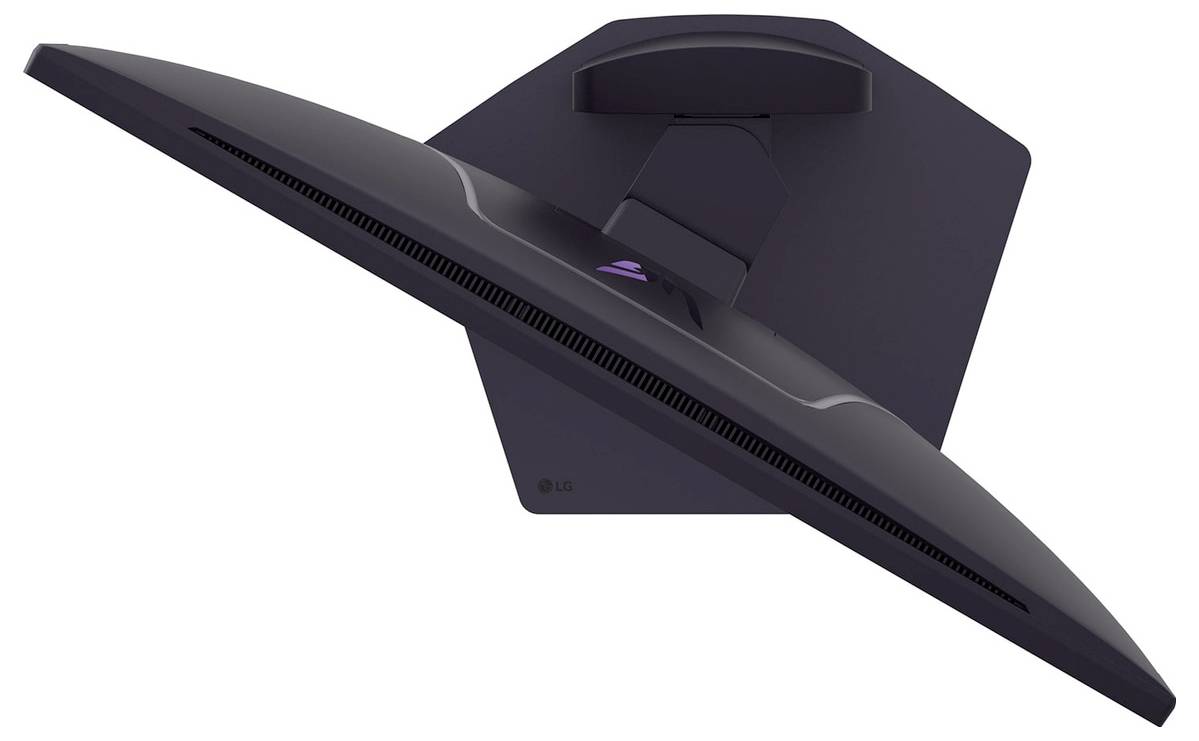 Draufsicht eines schlanken, geschwungenen schwarzen Monitors mit einem markanten Ständer, der moderne Design- und Technologieästhetik präsentiert.