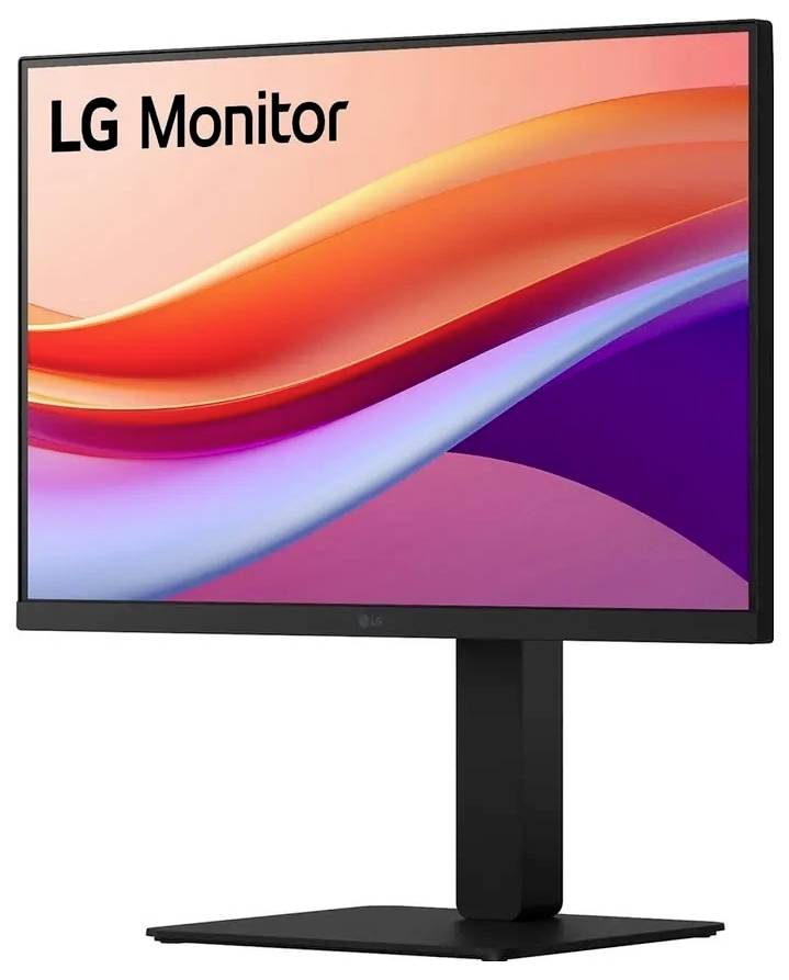 Ein Monitor, der ein abstraktes Gradientendesign in Pink-, Orange- und Violetttönen zeigt, mit dem Text "LG Monitor" in der oberen linken Ecke.