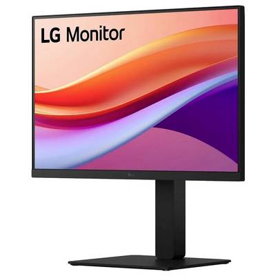 Ein Monitor, der ein abstraktes Gradientendesign in Pink-, Orange- und Violetttönen zeigt, mit dem Text "LG Monitor" in der oberen linken Ecke.